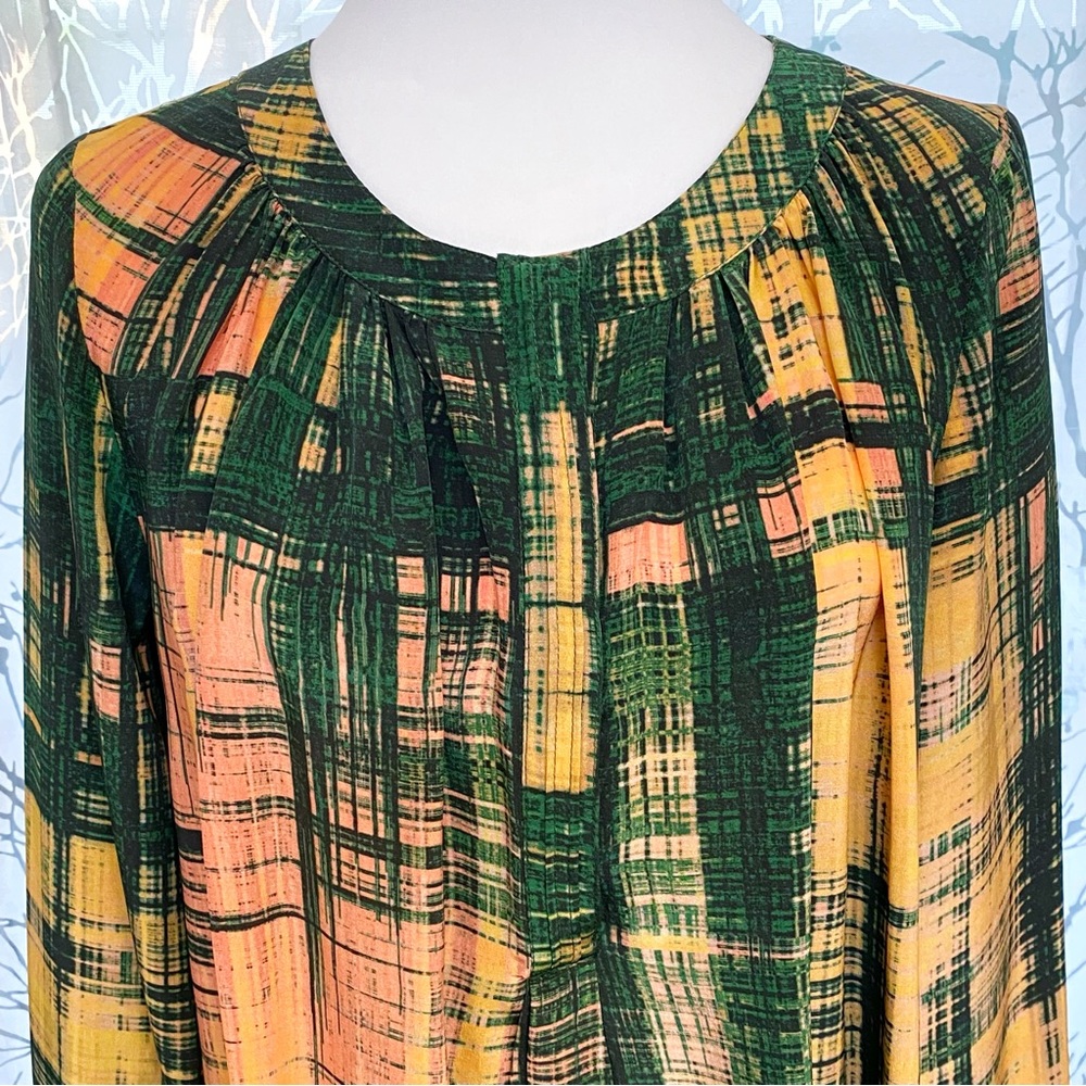 THAKOON yellow peach green print silk button down neck v-neck long sleeve top - Picture 4 of 11